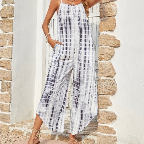 Boho Tie Dye Wide Leg Pants Pocket Jumpsuit - Picture 10 of 12